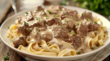 Beef stroganoff with mushroom sauce on a white plate