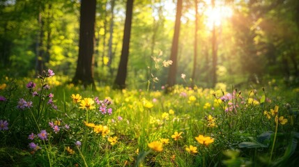 A serene forest scene filled with colorful wildflowers and sunlight filtering through trees.