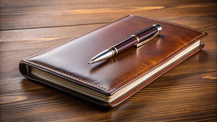 Executive leather planner and sleek pen placed on a polished oak desk , professional, workspace, office, luxury