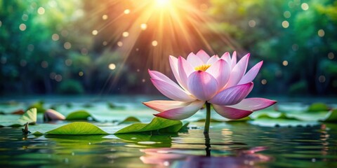 Beautiful lotus flower on water with sun shining after rain, lotus, flower, water, sun, rain, nature, beautiful, serene