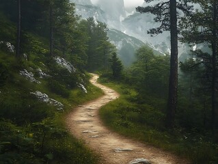 Winding Forest Path Leading to Mountainous Landscape - Realistic Image