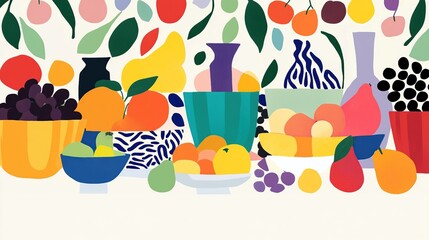 Fototapeta premium Colorful still life with fruit, leaves, and vases.