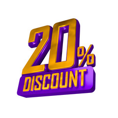 3d sales orange and purple discount price tag for composition 20 percent, amazing for product promotion