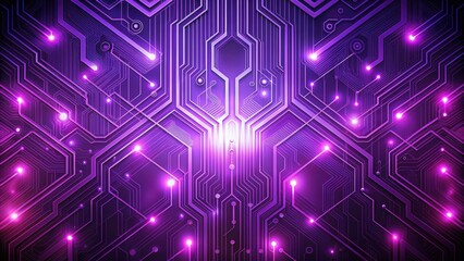 Glowing purple electronic circuits in minimalist geometric wallpaper backdrop with sharp angular patterns