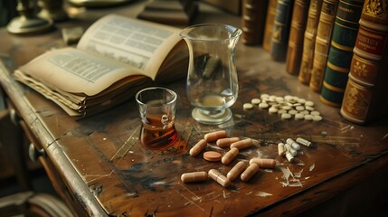 A delicious pill glass on an antique desk