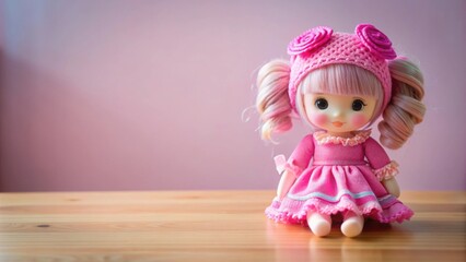 Fototapeta premium Stylish pink doll displayed on a tabletop , adorable, doll, pink, stylish, display, table, cute, decoration, toy