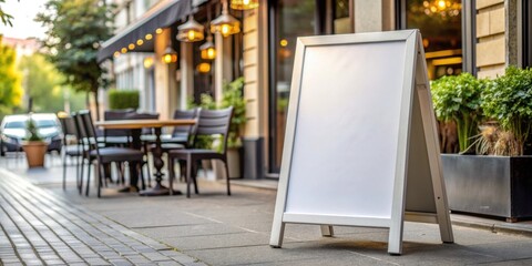 White menu board mockup in front of a restaurant, white advertising frame on the street, menu display, restaurant