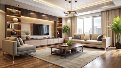 Elegant modern living room interior with sleek furniture, including a sofa, coffee table, and TV stand, set against a neutral background of creamy walls.
