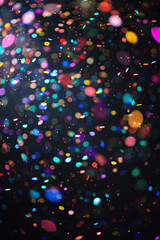 Multicolor bokeh, blurry lights, rainbow confetti on black background