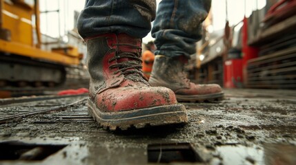 Construction Worker Ensuring Safety with Steel-Toe Boots and Gloves While Handling Equipment