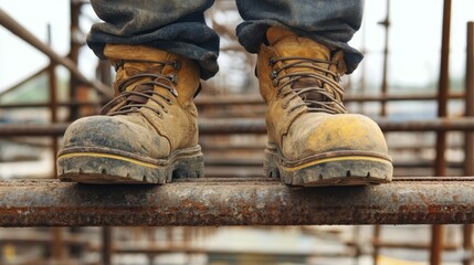 Close-up of construction worker's safety boots on scaffolding, emphasizing workplace safety measures