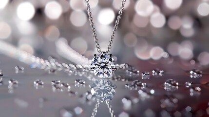 A diamond necklace reflected in a silver background