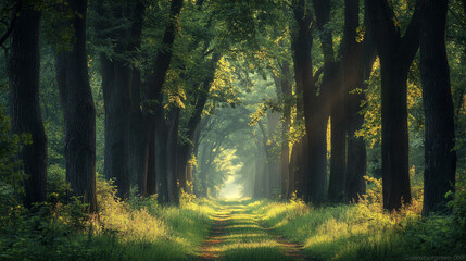 Obraz premium Sunlight filtering through trees on a tranquil forest pathway during early morning