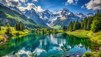 Mountain landscape with snow capped peaks, lush greenery, and crystal clear lakes, mountain
