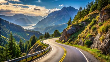Naklejka premium Curvy mountain road with scenic view, mountains, road, path, scenic, landscape, nature, travel, journey, adventure