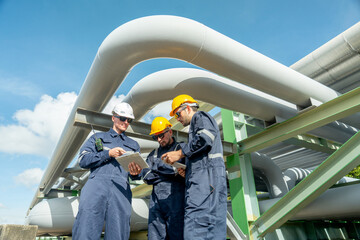 Group of engineer or factory technician worker team stand near and under petrochemical gas pipeline and use tablet to discuss about their work in workplace.