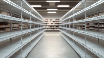 Empty shelves in a modern store, creating a clean and organized shopping environment for customers.