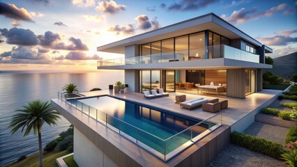 Fototapeta premium Luxury villa with modern design and panoramic ocean views, luxury, villa, modern, design, architecture, panoramic