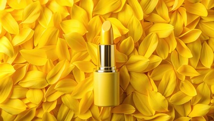 Yellow lipstick advertisement with backdrop of fresh yellow flower petals, yellow, lipstick, advertisement
