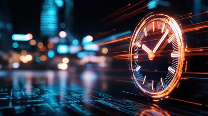 A dynamic clock image showcasing speed and time, with glowing elements and a blurred urban background for a futuristic appeal.