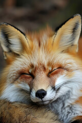 Fototapeta premium Adorable red fox sleeping peacefully, wildlife relaxation