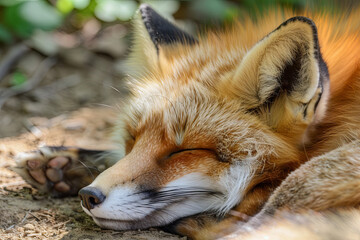 Obraz premium Adorable red fox sleeping peacefully, wildlife relaxation