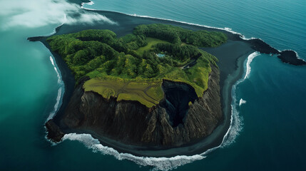 Aerial view of a tropical coastline with pristine beaches and lush green mountains, perfect for a summer vacation