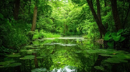 Obraz premium A serene forest scene with a calm pond reflecting lush greenery.