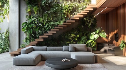 Modern Relaxation Area Poster: Embrace Serenity with a Gray Couch, Contemporary Coffee Table, and Lush Green Wall - Perfect for Sports Interiors and Calming Spaces!