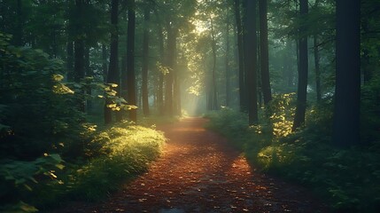 Fototapeta premium Sunbeams Through a Forest Path Illustration