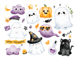 Watercolor Illustration Set of Cute Ghost and Halloween Ornaments