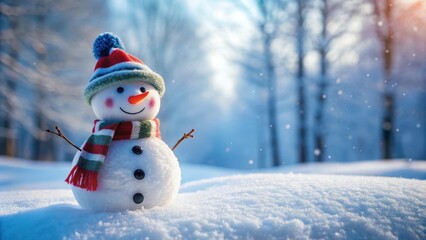 Obraz premium Snowman standing in the snow on a winter day, snowman, snow, winter, chilly, frosty, outdoor, cold, holiday, festive, carrot nose