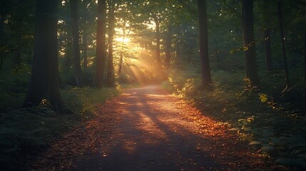 Obraz premium Forest Path with Golden Sunlight - Photo