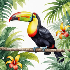 Obraz premium Watercolor illustration of a Keel-billed Toucan perched on a branch. Focus on the bird’s striking, colorful beak with its vibrant hues of yellow, green, red, and blue. 