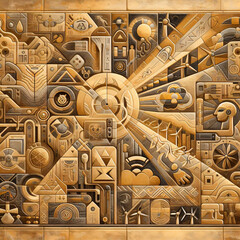 abstract illustration style of the ancient Egyptian reliefs, incorporating elements of advanced technologies 