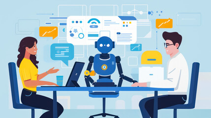 Fototapeta premium A diverse team, including robots, engaged in productive discussions at a modern office table