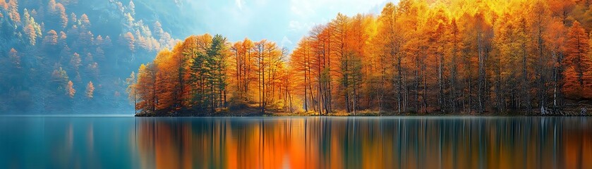 Fototapeta premium Autumn Trees Reflecting in Still Lake - Nature Photography