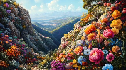 Fototapeta premium Vibrant Floral Canvas: A Captivating Poster of Rocky Hills Adorned with Blossoms and Lush Vegetation, Perfect for Enlivening Any Sports or Nature-Inspired Interior!