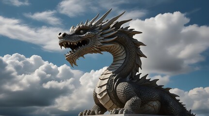 Naklejka premium a statue of a dragon with clouds in the background. generative ai