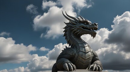 Fototapeta premium a statue of a dragon with clouds in the background. generative ai