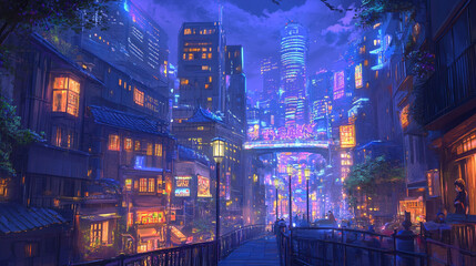 Vibrant cityscape at night with neon lights and bustling streets