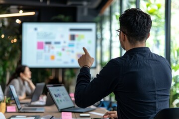 A pitch presentation with the creative team showcasing innovative concepts on a large screen