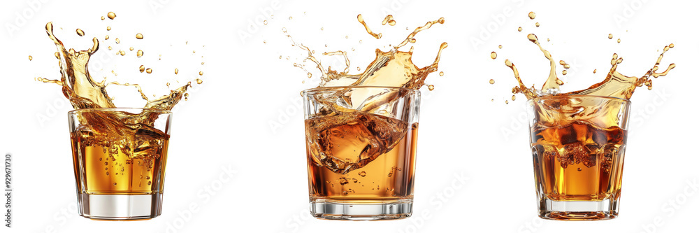 Wall mural set of three glasses of whiskey with splash effects isolated on transparent background