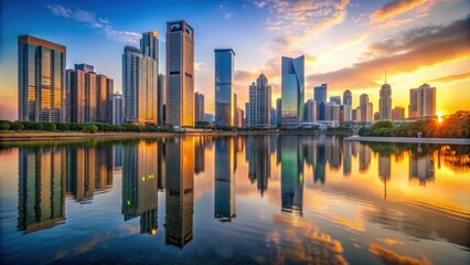 Fototapeta premium Serene cityscape with tall skyscrapers reflecting in tranquil river at sunset , cityscape, skyscrapers, reflection, river