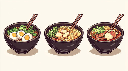 A variety of noodle bowls featuring different toppings and ingredients in a simple layout