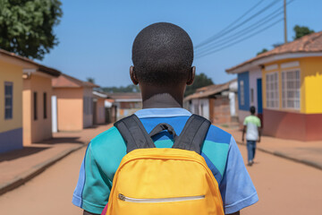 Boy walking to school on a sunny day in a small town
