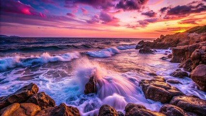 Rocky Mediterranean shore at sunset with pink and purple waves crashing against rocks, Mediterranean, sunset, rocky shore, waves