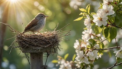 Naklejka premium Small brown bird with black eyes sits on green branch, feathers ruffled in gentle breeze