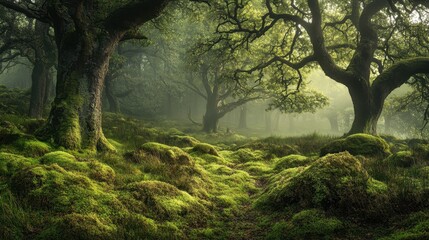 Fototapeta premium A serene forest scene with lush greenery and mist, inviting tranquility and exploration.