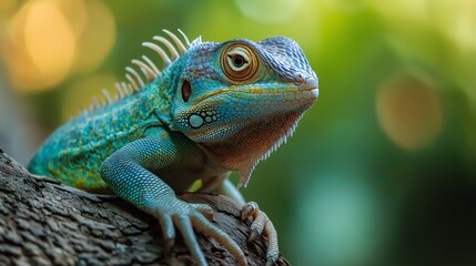Obraz premium close up green lizard on tree in nature landscape